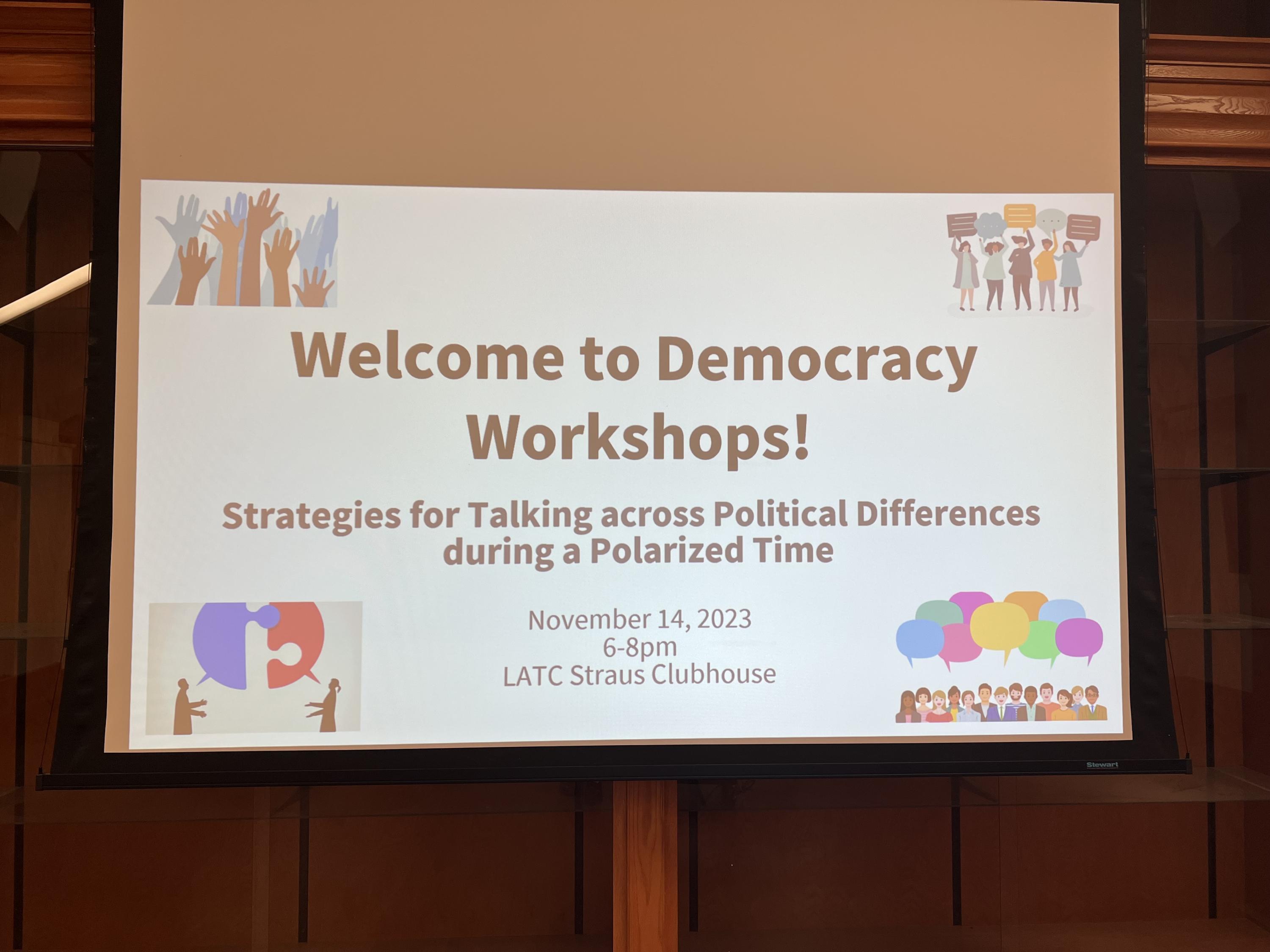 PowerPoint slide that reads "Welcome to Democracy Workshops" with various civic graphics.